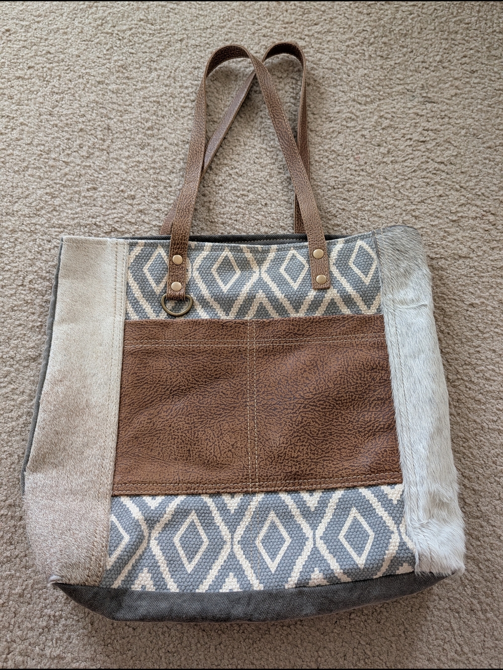 Myra Transformation Bag Geometric Patchwork Canvas And Leather Tote Bag